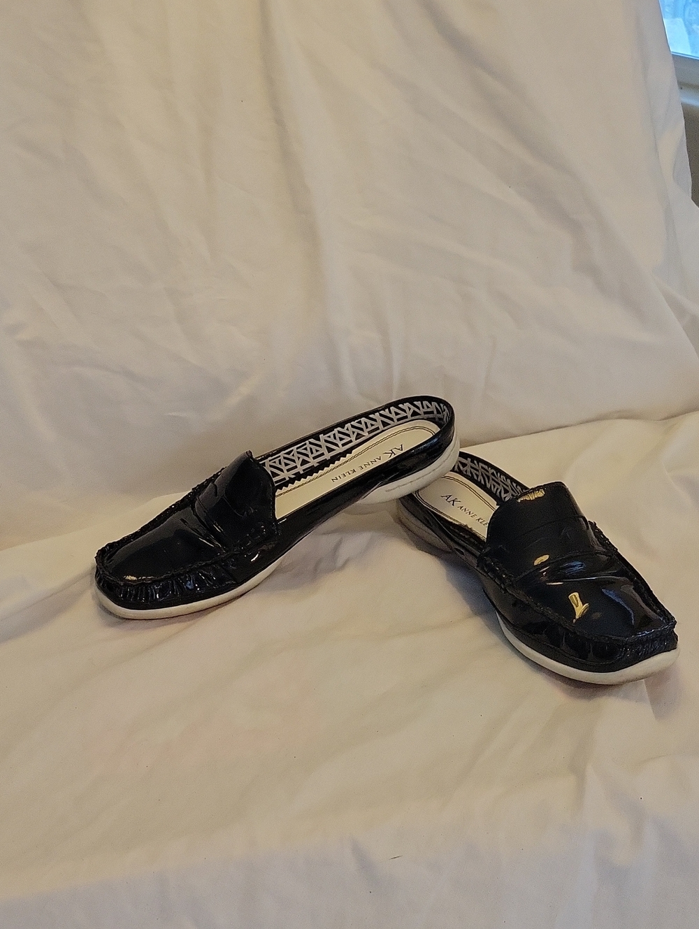 Anne Klein Black Patent Slip-On Penny Loafer Mules with White Soles